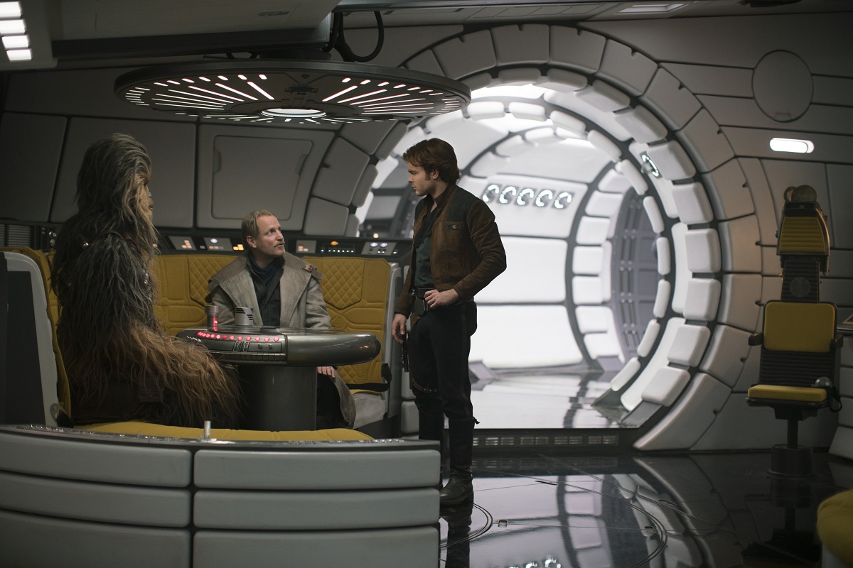Joonas Suotamo is Chewbacca, Woody Harrelson is Beckett and Alden Ehrenreich is Han Solo in SOLO: A STAR WARS STORY.